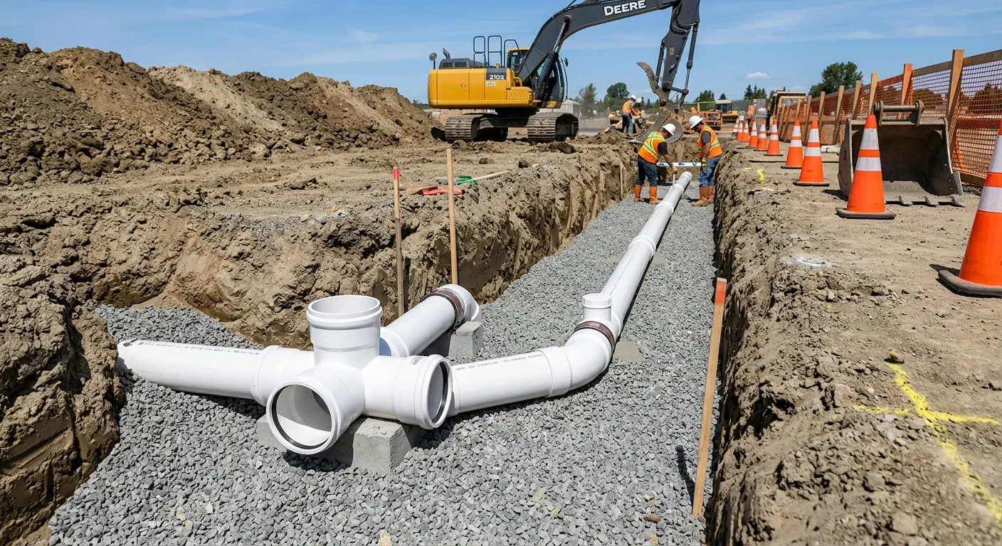 New PVC sewer pipe installation in open trench for Sewer Backup in Upper Pottsgrove