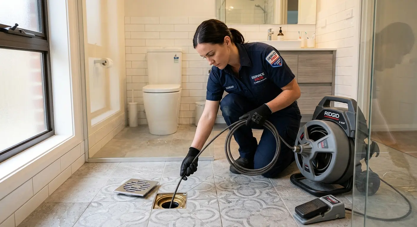Technician clearing a bathroom floor drain for Sewer Line Installation in Upper Pottsgrove